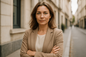 אישה מלאת ביטחון עומדת על גבעה ומסתכלת אל הזריחה