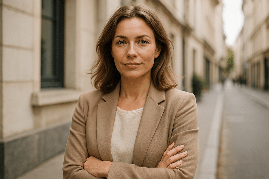 אישה מלאת ביטחון עומדת על גבעה ומסתכלת אל הזריחה