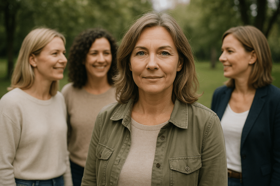 A woman looking confident and happy in front of a mirror.