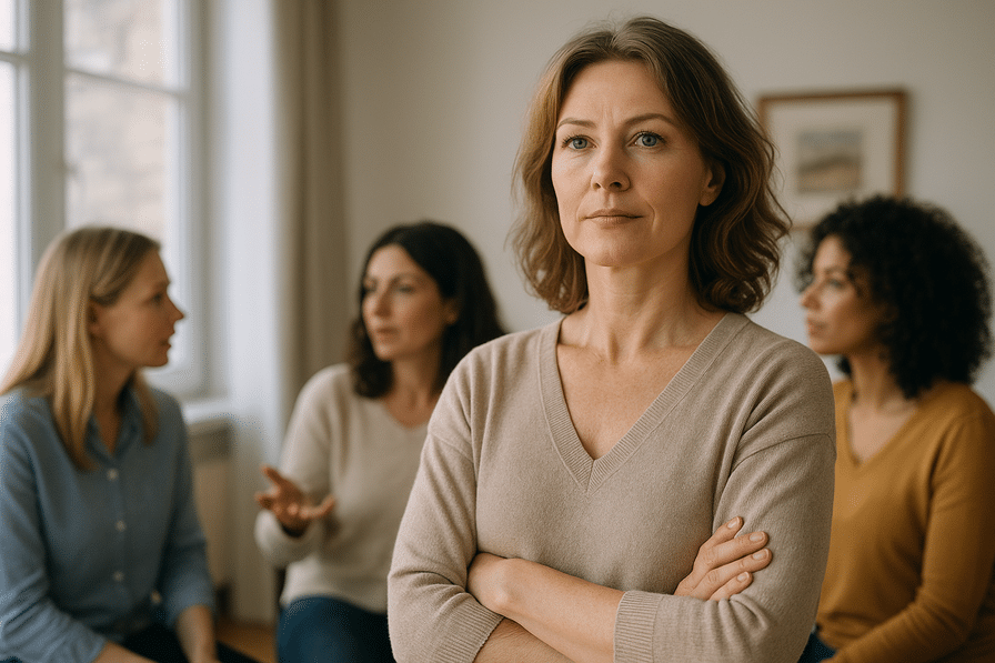 אישה עם ביטחון עצמי, עומדת בגאווה בנוף רגוע