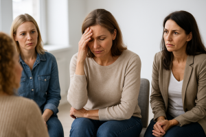 אישה בעלת ביטחון עצמי בסביבה שלווה מביטה קדימה