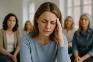 תמונה של אישה חושבת על דפוסי חייה בהשתקפות טבעית ושלווה