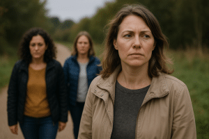 אישה שלווה הולכת בביטחון בנתיב נופי, מתבוננת קדימה בעיניים מלאות תקווה.