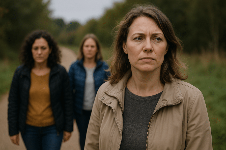 אישה שלווה הולכת בביטחון בנתיב נופי, מתבוננת קדימה בעיניים מלאות תקווה.