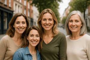 אישה בטוחה בעצמה בגיל 30, 40 או 50, עומדת בגוף מלא מול נוף מרהיב, מסמלת התחלות חדשות והעצמה.