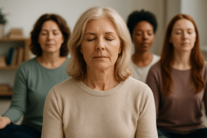 אישה ברגיעה מדיטטיבית עם סביבה מרגיעה