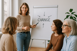 אישה נמרצת ומלאת מיקוד היושבת ליד שולחן עם ציטוטים מוטיבציוניים מסביבה, מסמלת את הנושא של שינוי הרגלים והגשמת מטרות אישיות