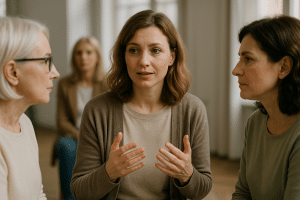 אישה חושבת עם מחברת פתוחה בתהליך של שינוי חשיבה