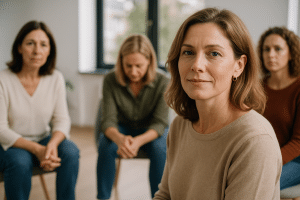 אישה עומדת בביטחון בטבע עם זריחה מרגיעה ברקע