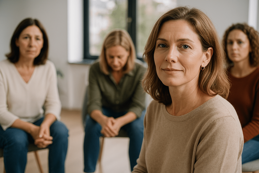 אישה עומדת בביטחון בטבע עם זריחה מרגיעה ברקע