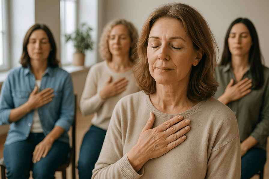 אישה ממוקדת ובטוחה בעצמה מוקפת בספרי התפתחות אישית, עם אור שמש זורח דרך חלון