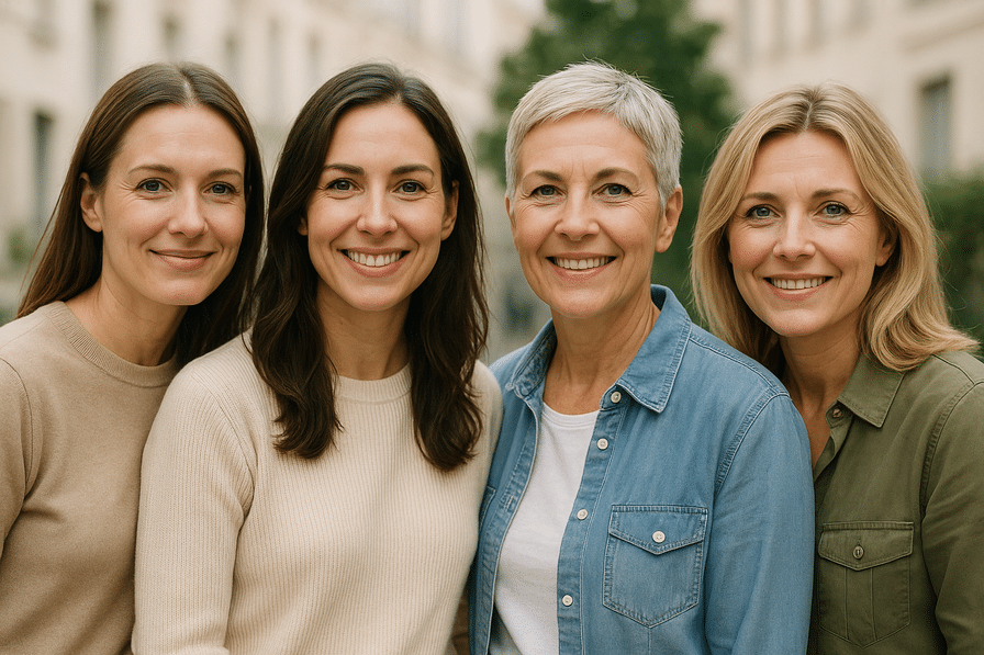 נשים בגילאי 30, 40 ו-50 על גבעה, מייצגות ביטחון עצמי אמיתי