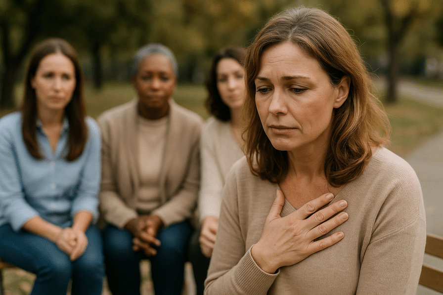 אישה רגועה יושבת בחדר טיפול, מרגישה עוצמתית ואופטימית