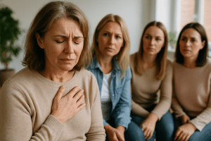 אישה שלווה במדיטציה בתפאורה שלווה, מסמלת ריפוי פנימי ושחרור רגשי.