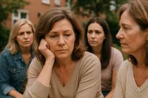 אישה יושבת בחשיבה עצמית בטבע, מסמלת את התהליך של שינוי הרגלים מהילדות