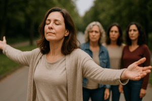 אישה עומדת על פסגת הר בריכה שמש, מסמלת התגברות על מכשולים והשגת צמיחה אישית