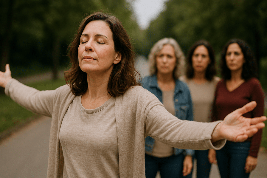 אישה עומדת על פסגת הר בריכה שמש, מסמלת התגברות על מכשולים והשגת צמיחה אישית