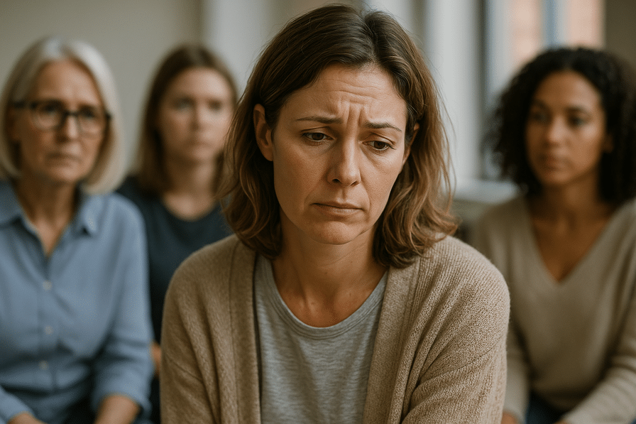 אישה חושבת מביטה בהשתקפות של עצמה עם רגשות מנוגדים, משקפת דפוסים רגשיים והתבוננות עצמית