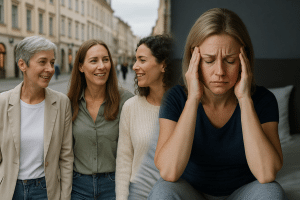 A woman achieving peace and tranquility at night through calming practices.