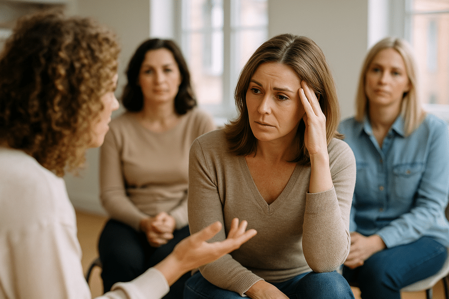 אישה חושבת יושבת בטבע, משתמשת בטכניקות NLP להתגברות על חרדה