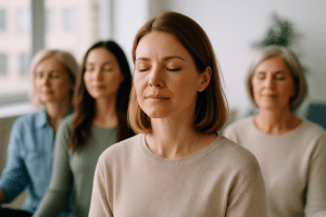 אישה יושבת בגינה שלווה בעיניים עצומות, משתמשת בדמיון מודרך להפחתת סטרס