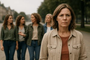 אישה בוגרת נינוחה בטבע, עומדת על שביל עם אור ראשון של יום חדש ברקע, המסמל התחלה חדשה ותקווה.