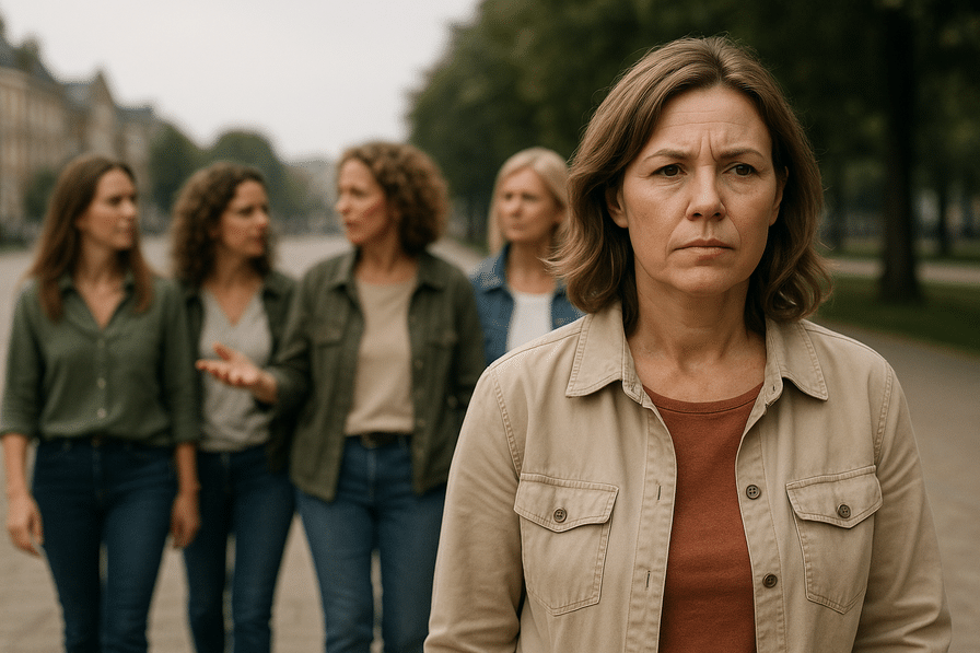 אישה בוגרת נינוחה בטבע, עומדת על שביל עם אור ראשון של יום חדש ברקע, המסמל התחלה חדשה ותקווה.