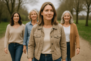 נשים בגילאים 30, 40 ו-50, חושבות ותקווה, בנוף טבעי ופסטורלי, מסמלות התחלה חדשה וצמיחה אישית.