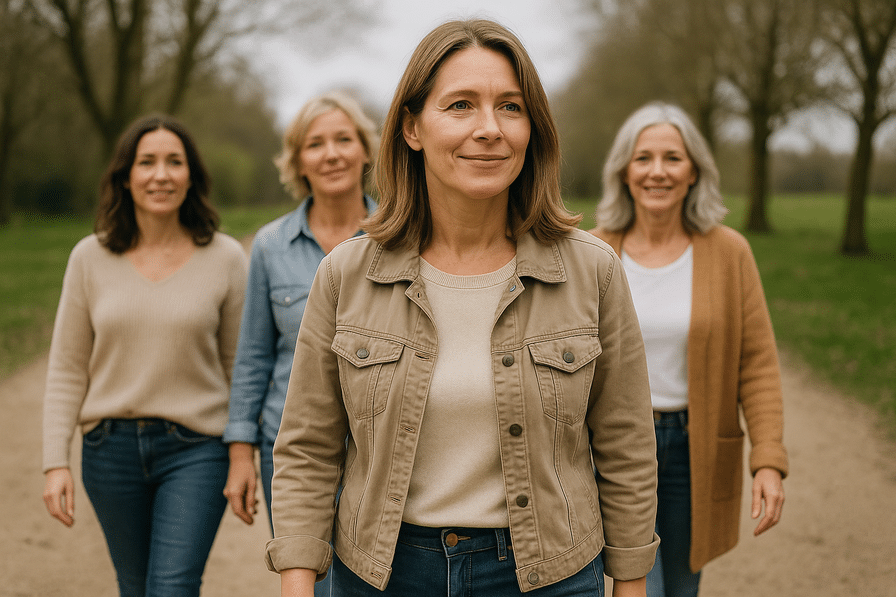 נשים בגילאים 30, 40 ו-50, חושבות ותקווה, בנוף טבעי ופסטורלי, מסמלות התחלה חדשה וצמיחה אישית.