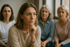 A woman sitting on a hill overlooking a sunset, deep in thought, reflecting on her life goals and desires.