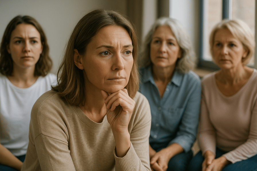 A woman sitting on a hill overlooking a sunset, deep in thought, reflecting on her life goals and desires.