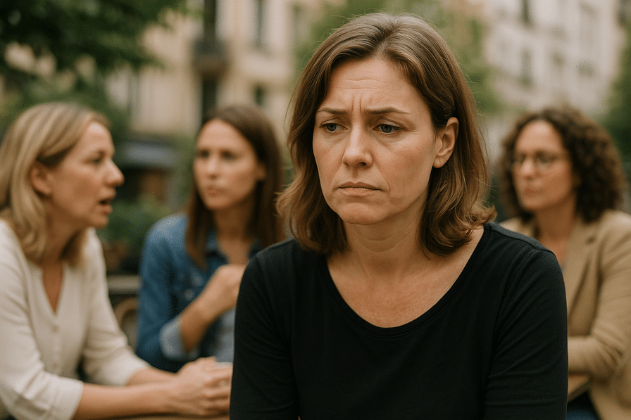 אישה חושבת על בחירות במערכות יחסים, מוקפת בצבעים מרגיעים ומופשטים, מסמלים התבוננות פנימית