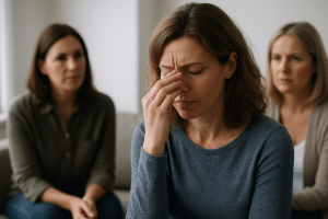 אישה עומדת בביטחון, מוקפת בסמלים המייצגים ADHD, דימוי עצמי ומערכות יחסים