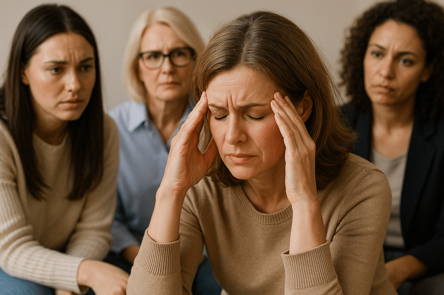 A woman practicing mindfulness and using breathing techniques to manage emotional overflow.