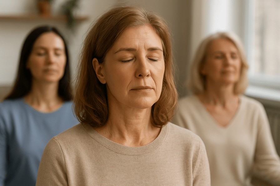 A woman using guided imagery for stress relief in a natural setting.