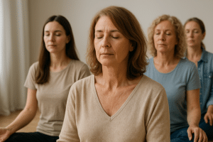 A woman meditating in nature, symbolizing emotional regulation and mental coaching.