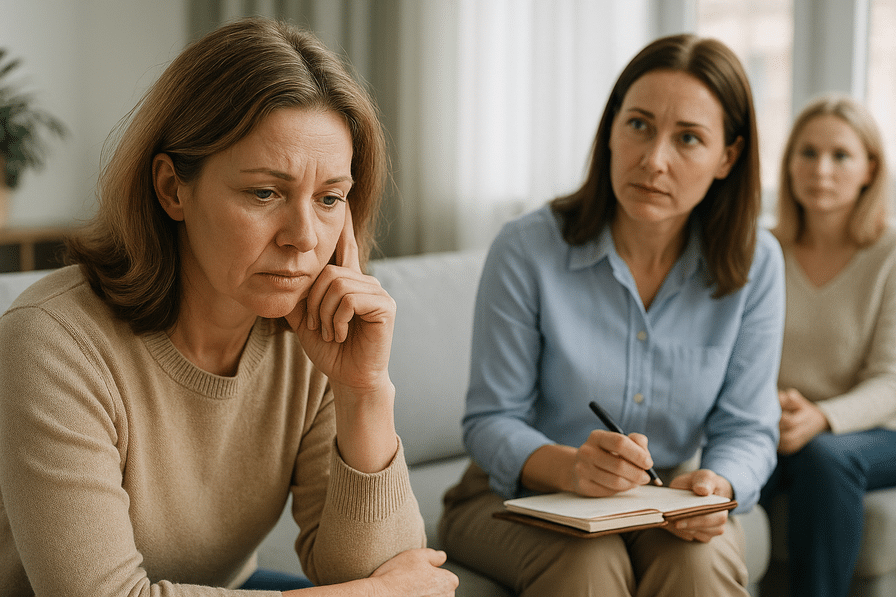A serene woman contemplating life choices during a mental training session.